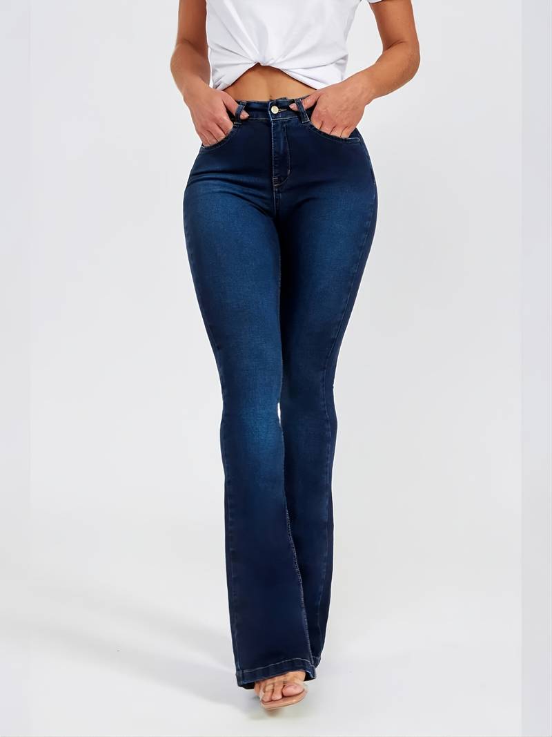 Pantalones de mezclilla de campana ajustados de tiro alto lavado oscuro