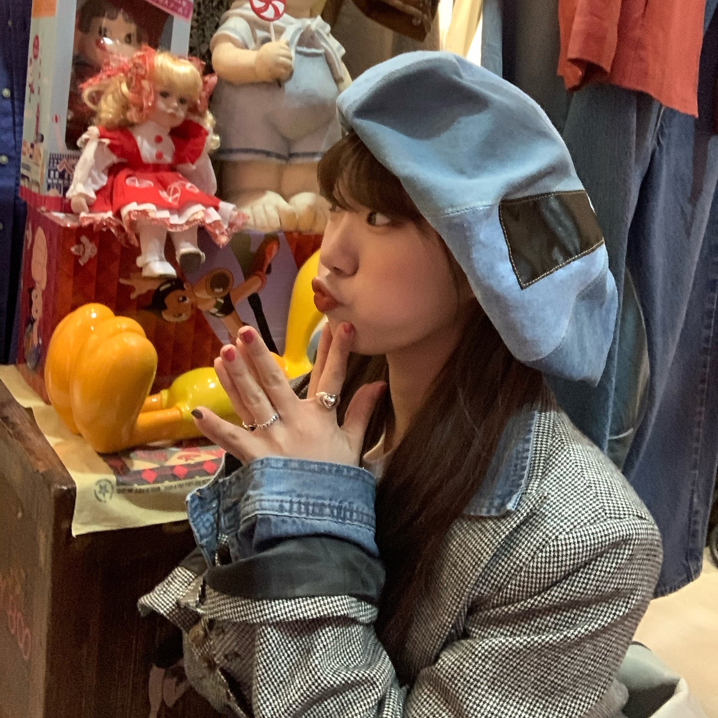 Washed Denim Cloud Zip Beret Hat