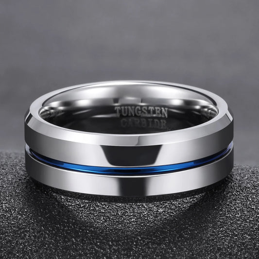 OAHLAN 8mm High Polished Tungsten Carbide Rings Blue Line Grooved Anti Rust for Mens Wedding Engagement Anniversary Gift Jewelry