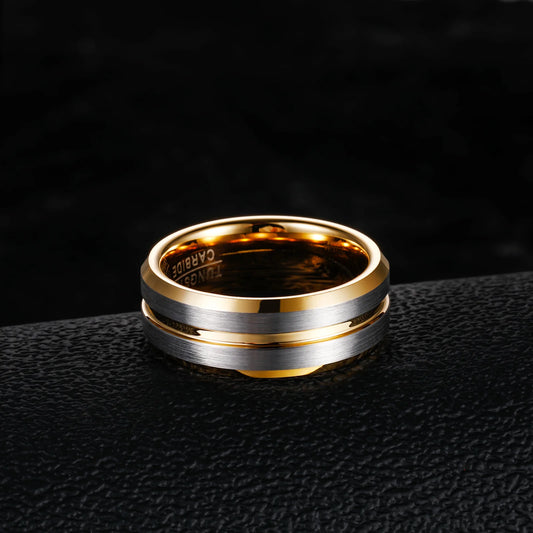 OAHLAN Fashion Jewelry 8mm Gold Plated Grooved Silver Brushed Tungsten Carbide Rings for Men Wedding Engagement Gift Wholesale