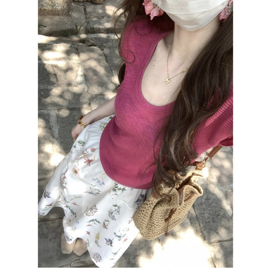 2026 New Summer Korean Style Outfit Set for Women: Raspberry Pink Knit Top and High-Waisted Slimming Skirt Two-Piece Set