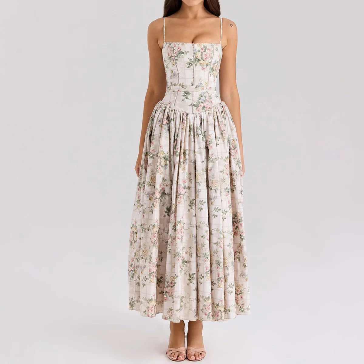 Mingmingxi Summer Floral Print Dress Elegant 2025 New Arrivals Spaghetti Strap Flare Dress Maxi Holiday Party Dresses Women