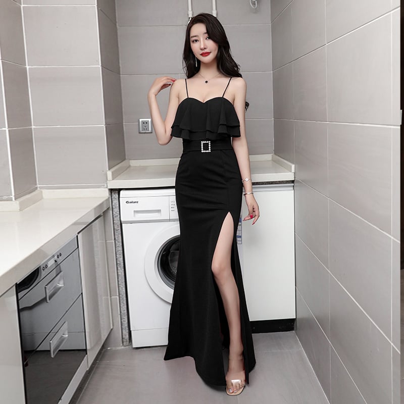 Wine Red Sling Evening Dress with Split Long Skirt