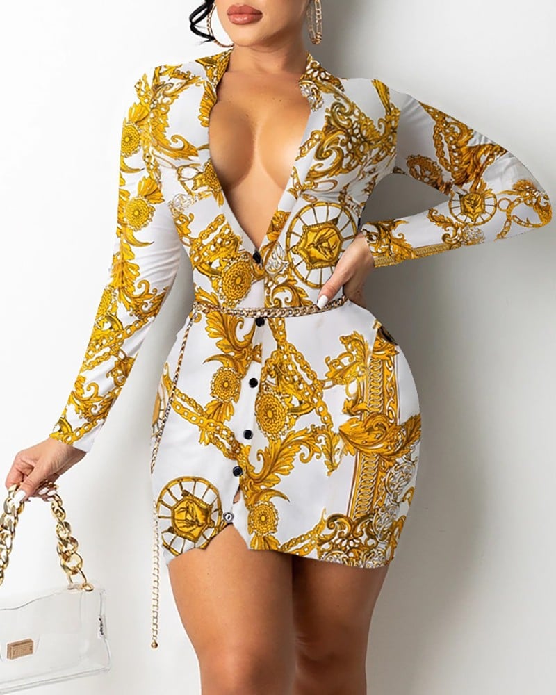 V-neck Long-sleeved Midi Dress with Print Design