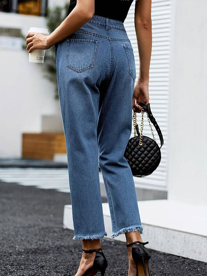 Blue Raw Hem Distressed Straight Jeans for Women