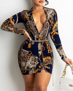 V-neck Long-sleeved Midi Dress with Print Design