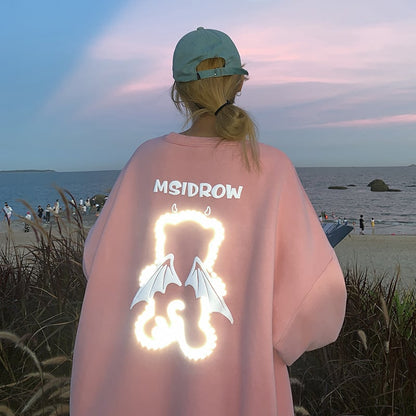 3D Letter Bear Reflective Print Plus Size Couple Sweater