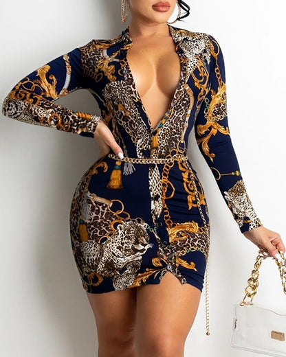 V-neck Long-sleeved Midi Dress with Print Design