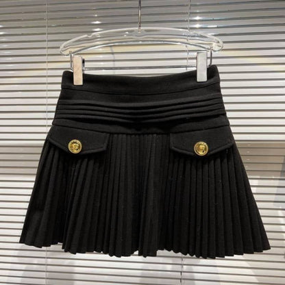 High-waisted Slim Rhinestone Buckle Pleated Skirt