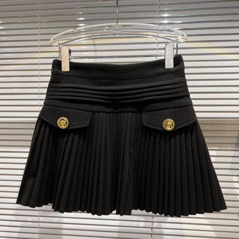 High-waisted Slim Rhinestone Buckle Pleated Skirt