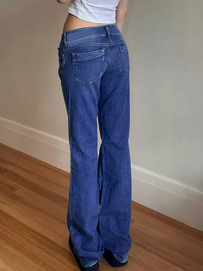 Pantalones vaqueros de mezclilla elásticos azul de pierna ancha con bolsillos