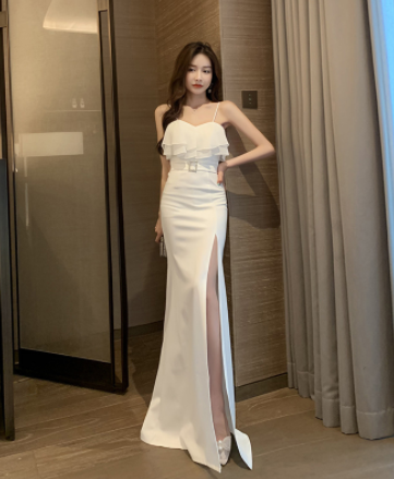 Wine Red Sling Evening Dress with Split Long Skirt