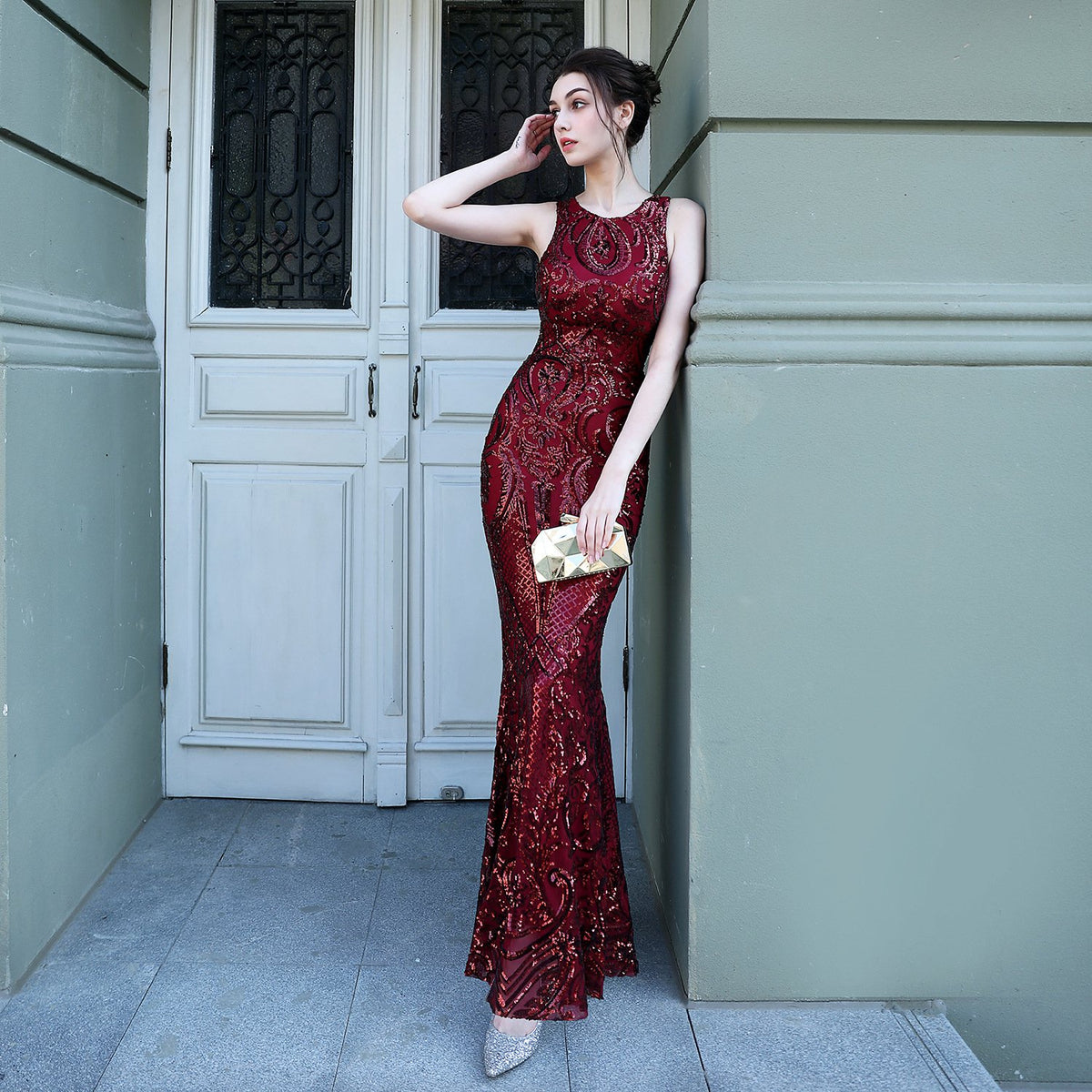 Sequined Fishtail Long Evening Performance Dress