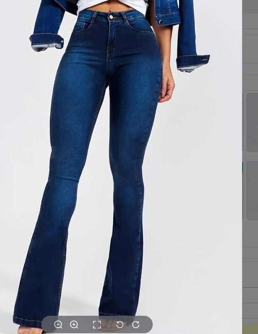 Pantalones de mezclilla de campana ajustados de tiro alto lavado oscuro