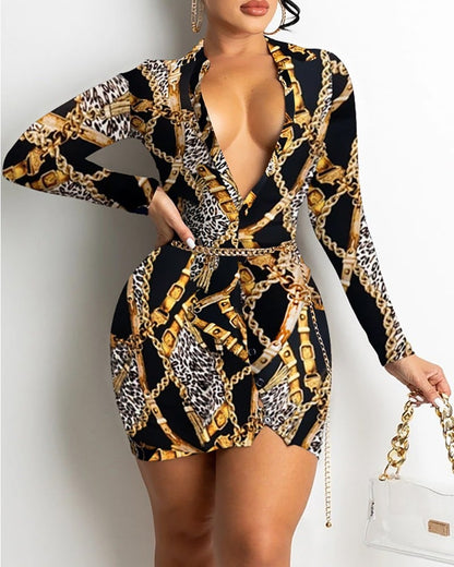 V-neck Long-sleeved Midi Dress with Print Design