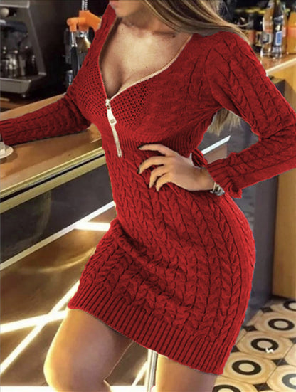Autumn Winter Half-Zip V-Neck Knitted Sweater Dress