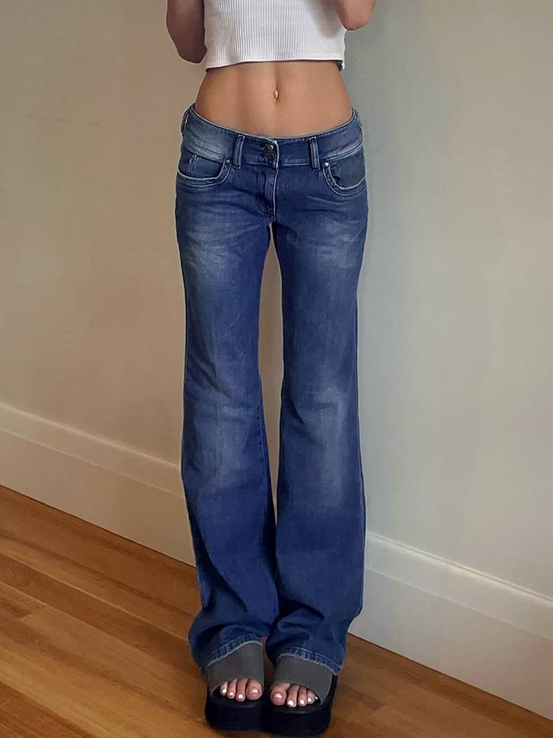Pantalones vaqueros de mezclilla elásticos azul de pierna ancha con bolsillos