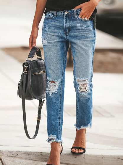 Blue Raw Hem Distressed Straight Jeans for Women