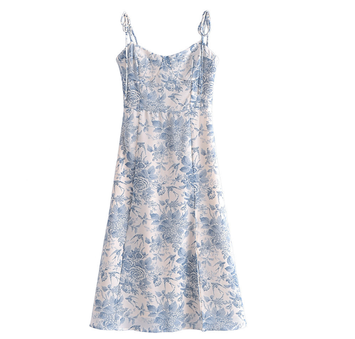 Silk Printed Drawstring Slit Dress for Women