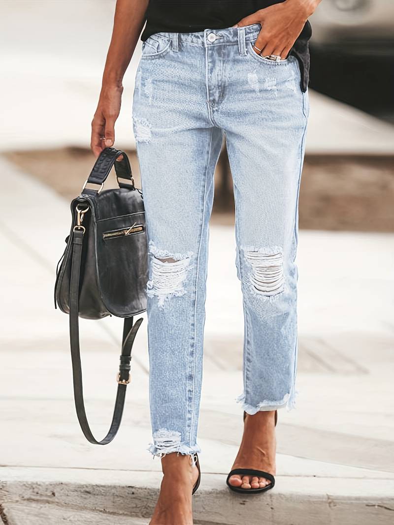 Blue Raw Hem Distressed Straight Jeans for Women