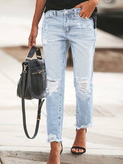 Blue Raw Hem Distressed Straight Jeans for Women