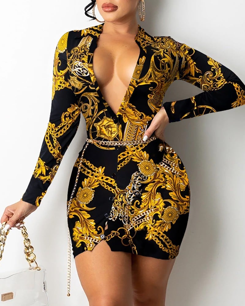 V-neck Long-sleeved Midi Dress with Print Design