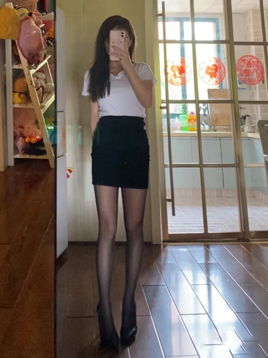 Gray Plus Size Slim Black Silk Short Skirt Set
