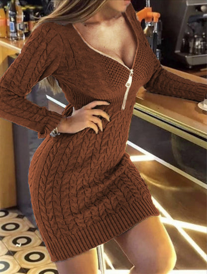 Autumn Winter Half-Zip V-Neck Knitted Sweater Dress