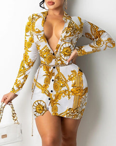V-neck Long-sleeved Midi Dress with Print Design