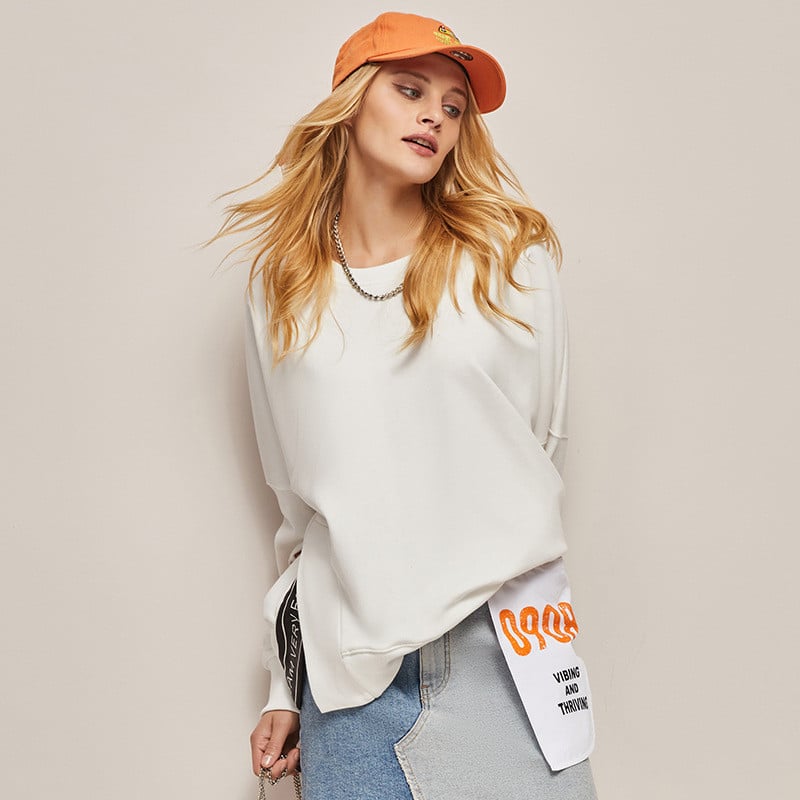 Loose Pullover Sweater with Side Slit for Women
