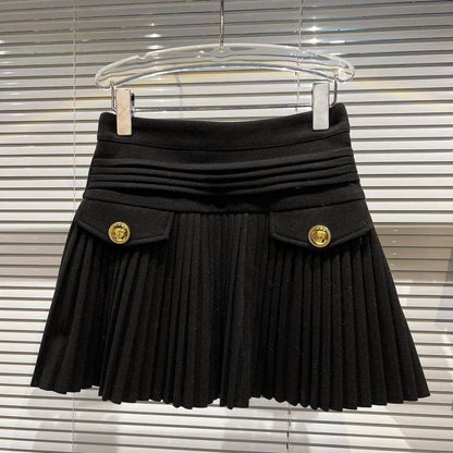 High-waisted Slim Rhinestone Buckle Pleated Skirt