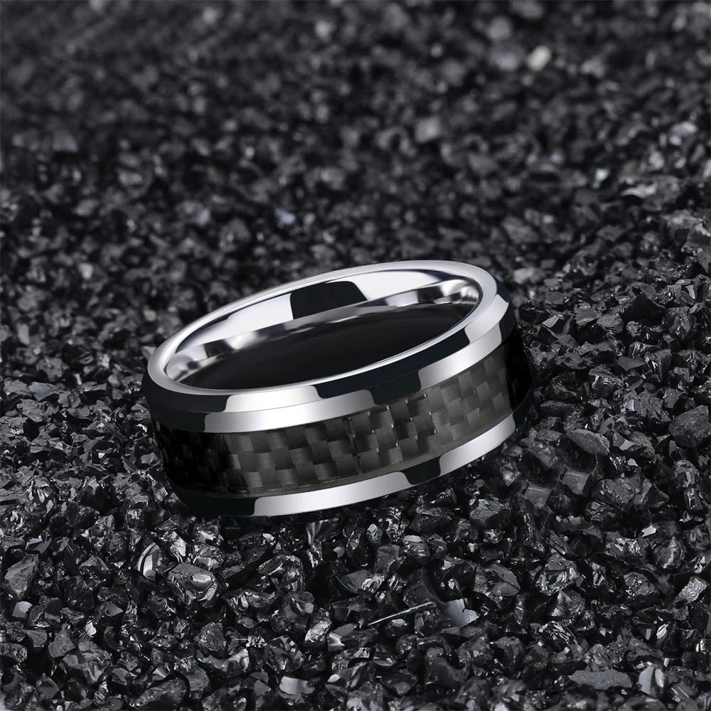 OAHLAN Personalized 6mm/8mm Black Fiber Inlay Tungsten Carbide Ring for Men Women Engagement Wedding Band Fashion Jewelry