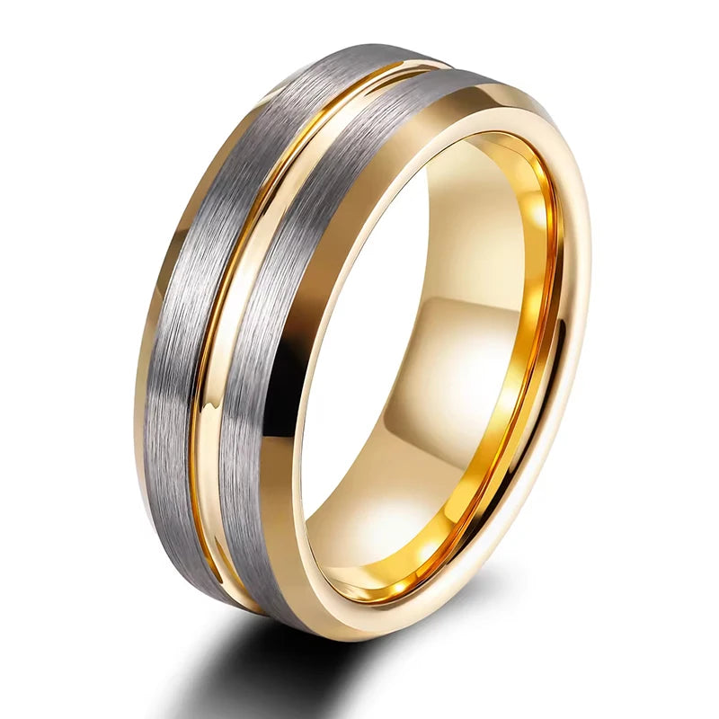 OAHLAN Fashion Jewelry 8mm Gold Plated Grooved Silver Brushed Tungsten Carbide Rings for Men Wedding Engagement Gift Wholesale