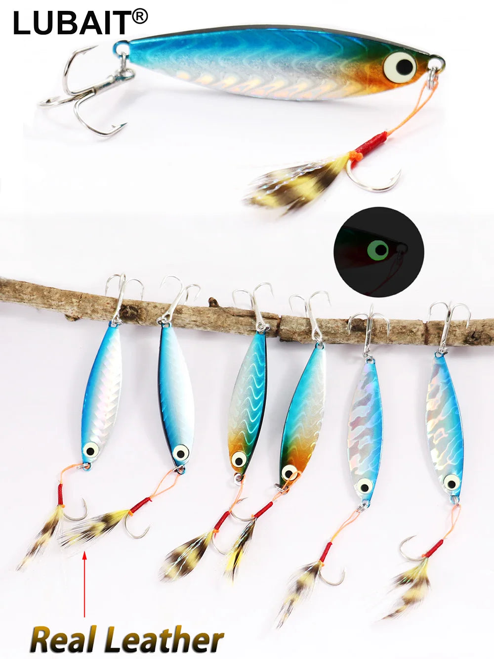 Fishing Lures Metal Jig Spinning Spoon Feather Carbon Hook Hard Artificial Bait Luminous Eye Sinking Casting Bass Tackle Pesca