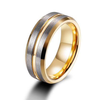 OAHLAN Fashion Jewelry 8mm Gold Plated Grooved Silver Brushed Tungsten Carbide Rings for Men Wedding Engagement Gift Wholesale