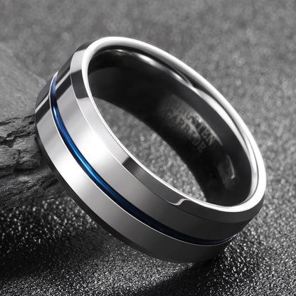 OAHLAN 8mm High Polished Tungsten Carbide Rings Blue Line Grooved Anti Rust for Mens Wedding Engagement Anniversary Gift Jewelry