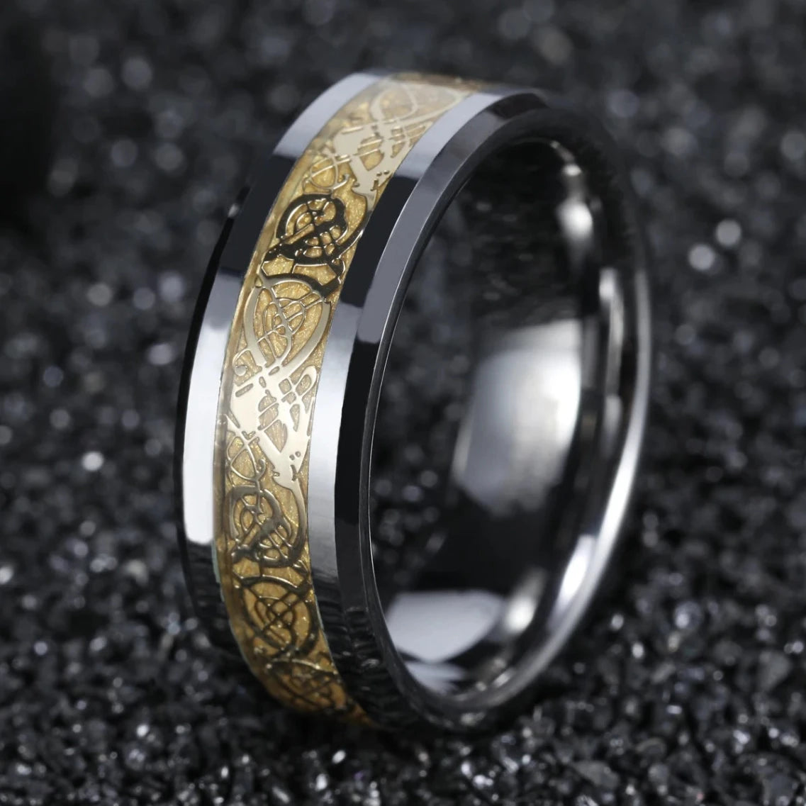 OAHLAN 6/8mm Classic Wedding Band Gold Dragon Inlay Polished Tungsten Carbide Ring for Men Women Engagement Fashion Jewelry