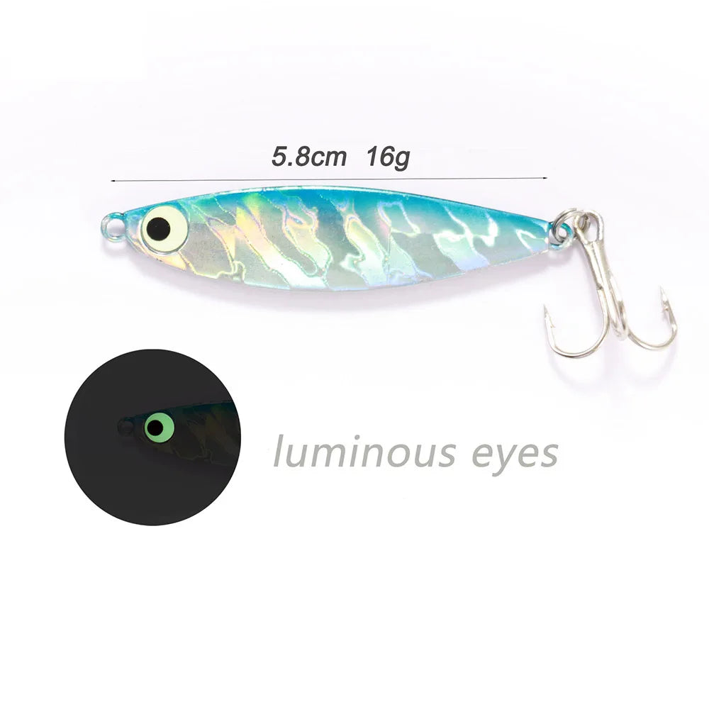Fishing Lures Metal Jig Spinning Spoon Feather Carbon Hook Hard Artificial Bait Luminous Eye Sinking Casting Bass Tackle Pesca