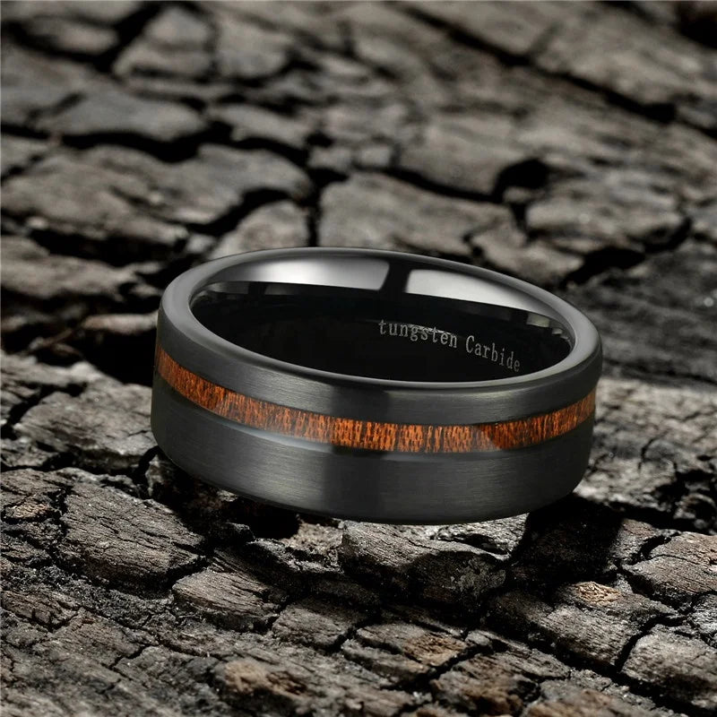 OAHLAN Fashion Jewelry 8mm Brushed Black Tungsten Carbide Rings for Men Women Wood Inlay Comfort Fit Wedding Engagement Bands
