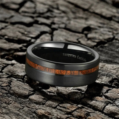 OAHLAN Fashion Jewelry 8mm Brushed Black Tungsten Carbide Rings for Men Women Wood Inlay Comfort Fit Wedding Engagement Bands
