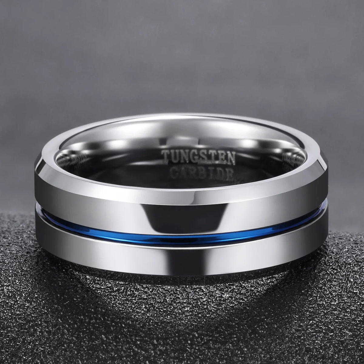 OAHLAN 8mm High Polished Tungsten Carbide Rings Blue Line Grooved Anti Rust for Mens Wedding Engagement Anniversary Gift Jewelry