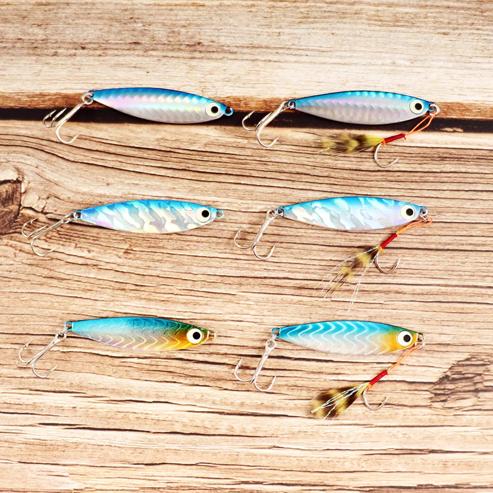 Fishing Lures Metal Jig Spinning Spoon Feather Carbon Hook Hard Artificial Bait Luminous Eye Sinking Casting Bass Tackle Pesca