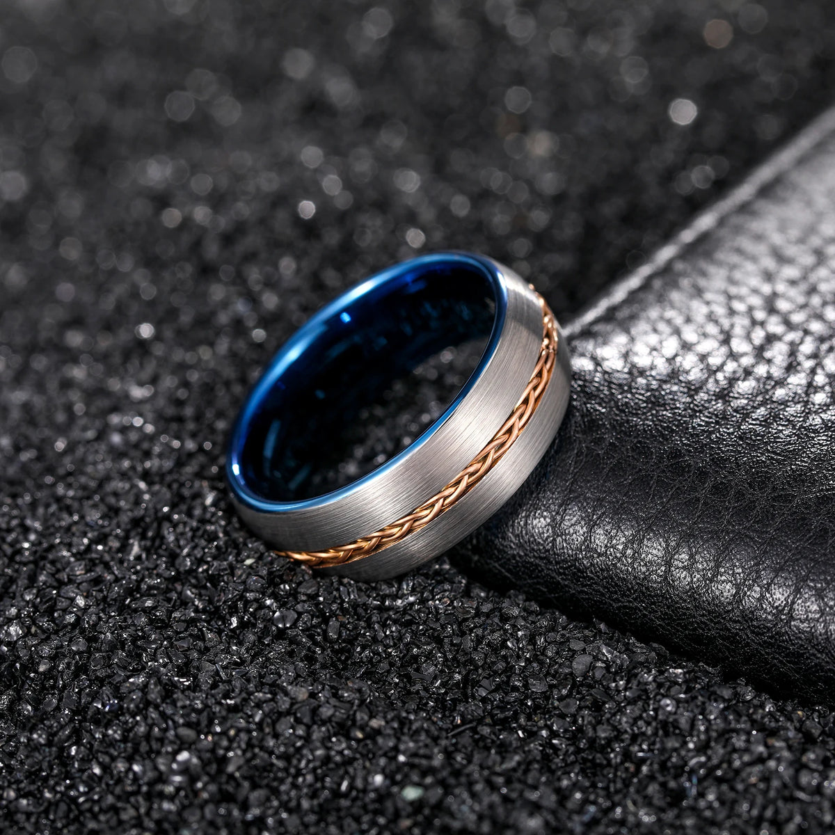 OAHLAN Tungsten Carbide Rings Wholesale Steel Chain Inlay 8mm Bands Blue Plated Brushed for Men's Wedding/Engagement/Dating