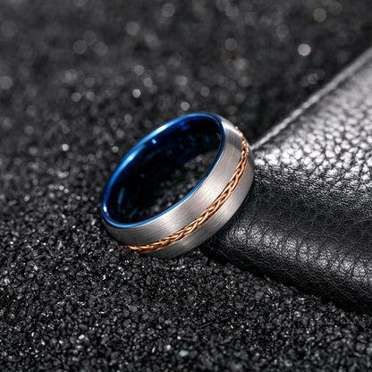 OAHLAN Tungsten Carbide Rings Wholesale Steel Chain Inlay 8mm Bands Blue Plated Brushed for Men's Wedding/Engagement/Dating