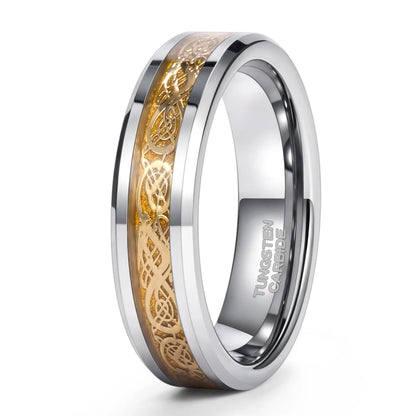 Tungsten carbide ring with gold Celtic knot design on a white background