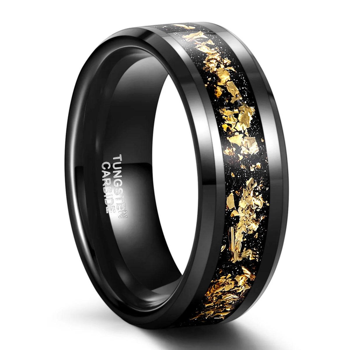 OAHLAN 8mm Beveled Edge Tungsten Carbide Rings for Men Women Black and Gold Foils Inlay Wedding Engagement Gift Fashion Jewelry