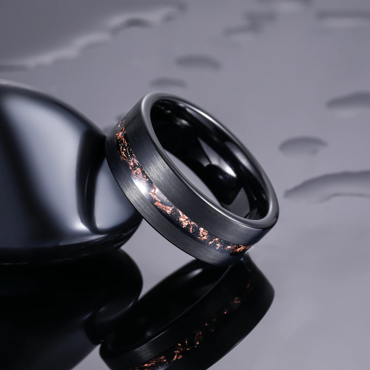 OAHLAN Fashion Jewelry 8mm Brushed Black Tungsten Carbide Ring for Men Sand Base Copper Slag Inlay Wedding Engagement Bands