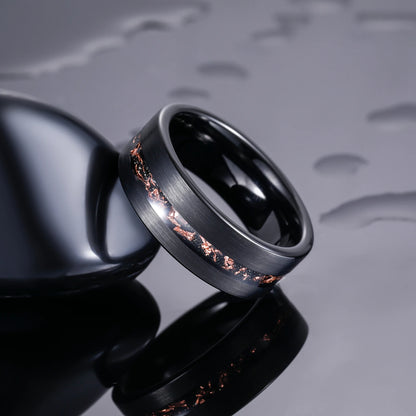 OAHLAN Fashion Jewelry 8mm Brushed Black Tungsten Carbide Ring for Men Sand Base Copper Slag Inlay Wedding Engagement Bands