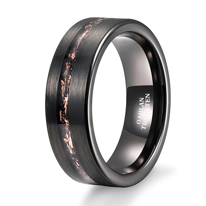 OAHLAN Fashion Jewelry 8mm Brushed Black Tungsten Carbide Ring for Men Sand Base Copper Slag Inlay Wedding Engagement Bands