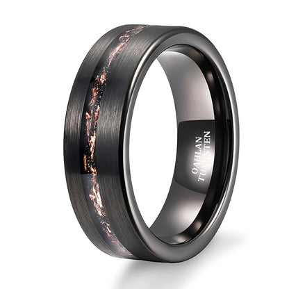 OAHLAN Fashion Jewelry 8mm Brushed Black Tungsten Carbide Ring for Men Sand Base Copper Slag Inlay Wedding Engagement Bands